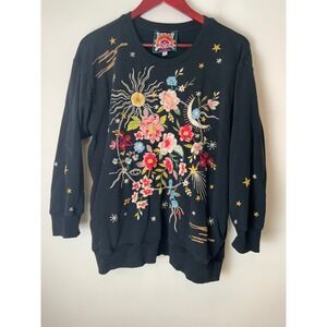 Johnny Was Embroidery Black Sweatshirt M Medium 3/4 Sleeve has Pockets